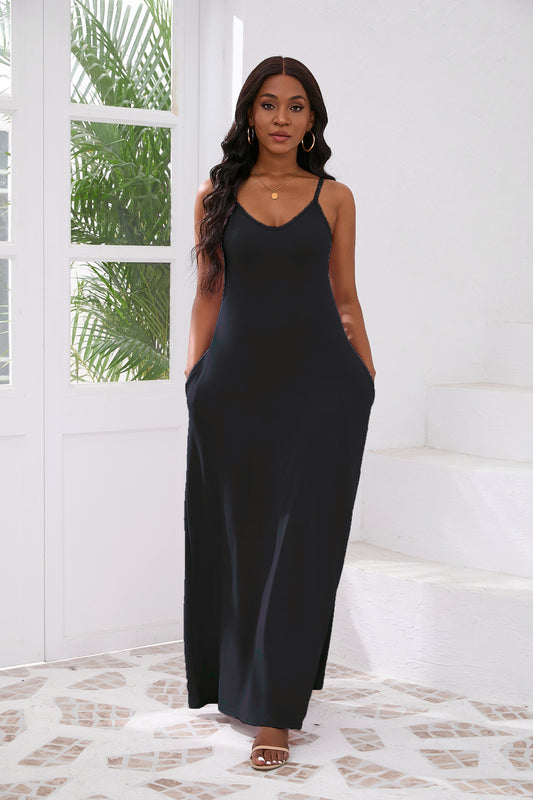 Women’s Elegant Black Long Dress, Sleeveless Flowy Maxi Dress, Casual Summer Beach Outfit